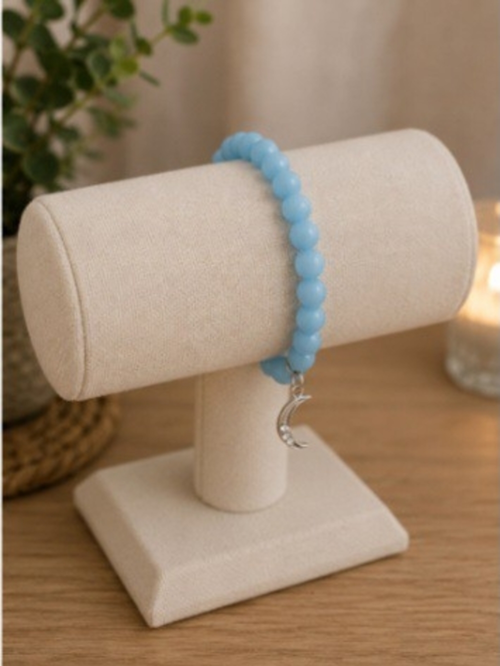 Sky Blue Beaded Bracelet with Crescent Moon Charm | Dainty Stretch Bracelet